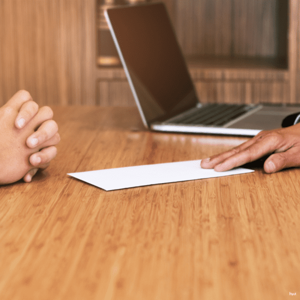 Hand overhandigt een envelop aan een ander persoon aan tafel, met een laptop op de achtergrond.