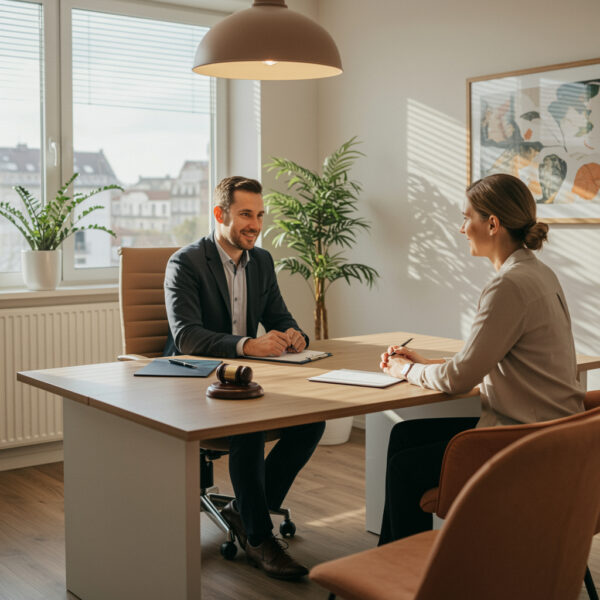 Letselschadejurist en klant voeren een gesprek aan een bureau in een lichte kantoorruimte met documenten en een hamer op tafel.
